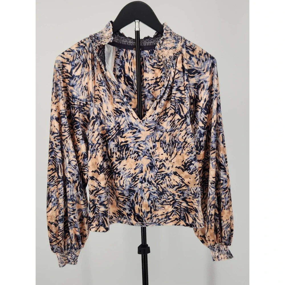 Free People Velvet Smocked V-Neck Balloon Sleeve Blouse Blue Tan XS
